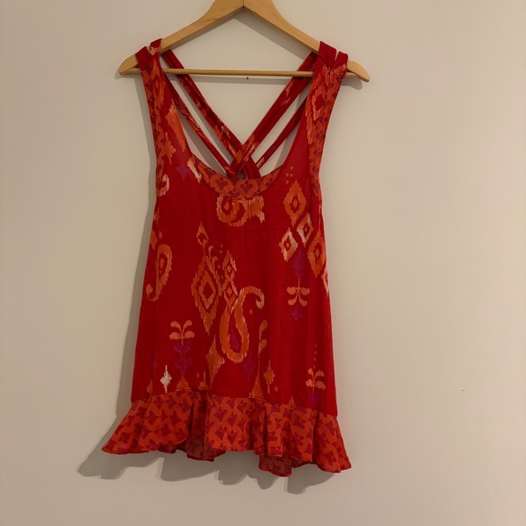 Free People Tops - Free People Red Ikat Paisley Ruffle Hem Crisscross Back Modal Tank Top